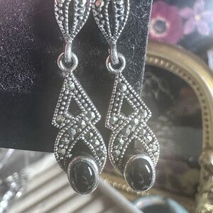 925 Sterling vintage Silver onyx, marquisette Dangle Earrings